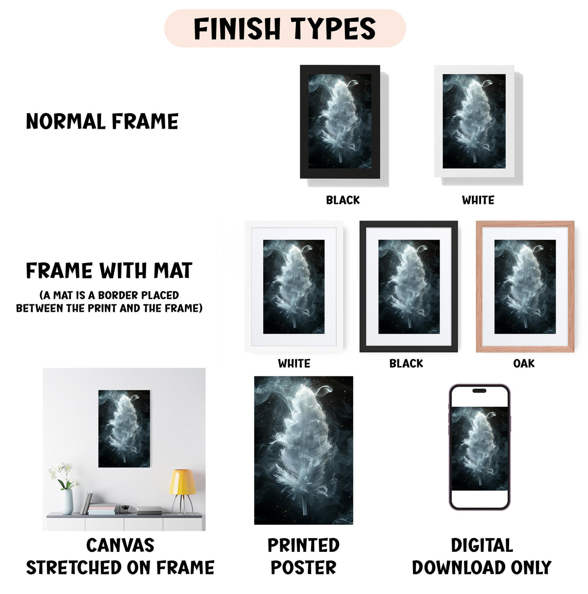 various types of artwork, including a normal frame, a frame with a mat, a white frame, a black frame, an oak frame, a white canvas stretched on a frame, a black canvas, a white poster, and a digital download only.