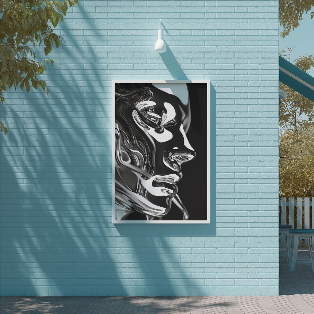 a large black and white portrait of a woman's face, which is hanging on a blue wall.