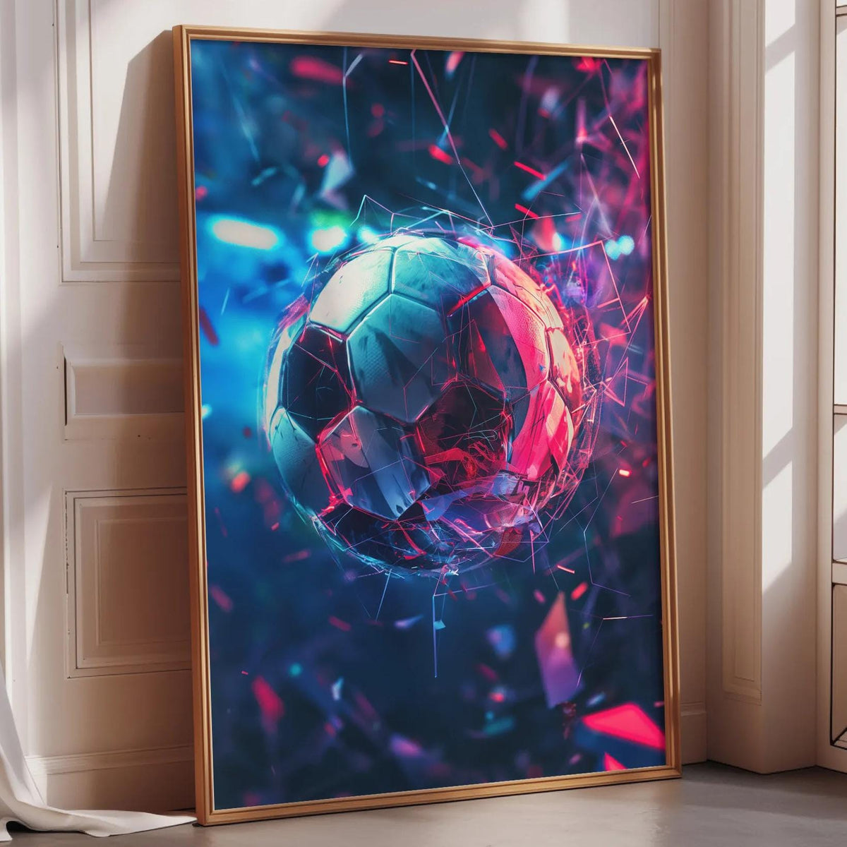 a large, colorful, abstract painting of a soccer ball with a vibrant mix of blue, pink, and purple hues.