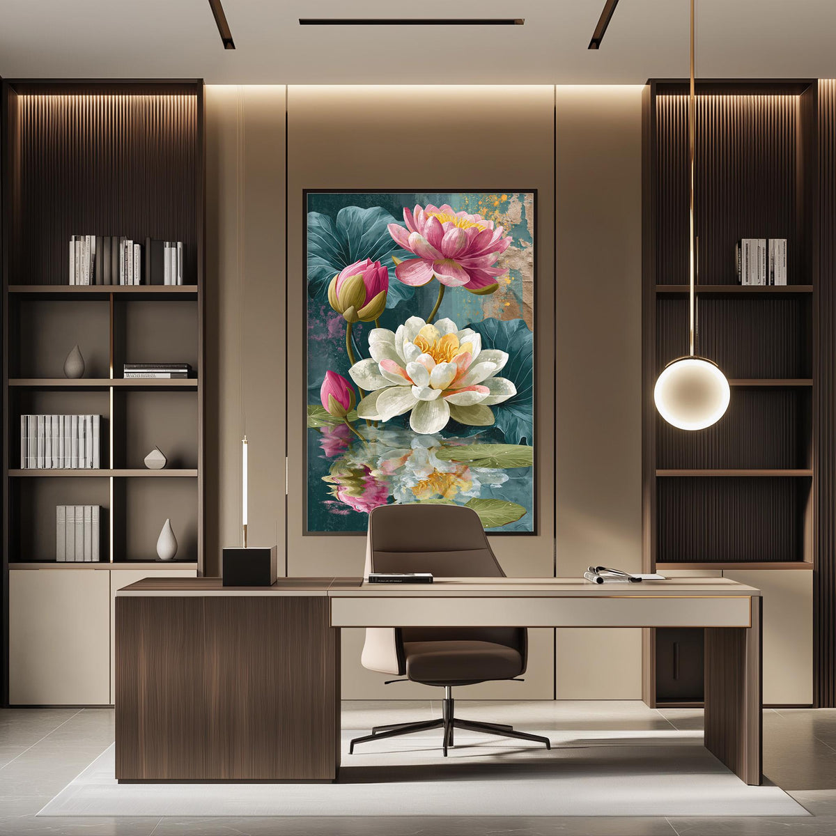 a modern and well-lit office space with a large painting of flowers on the wall, a wooden desk with a chair, and built-in bookshelves.