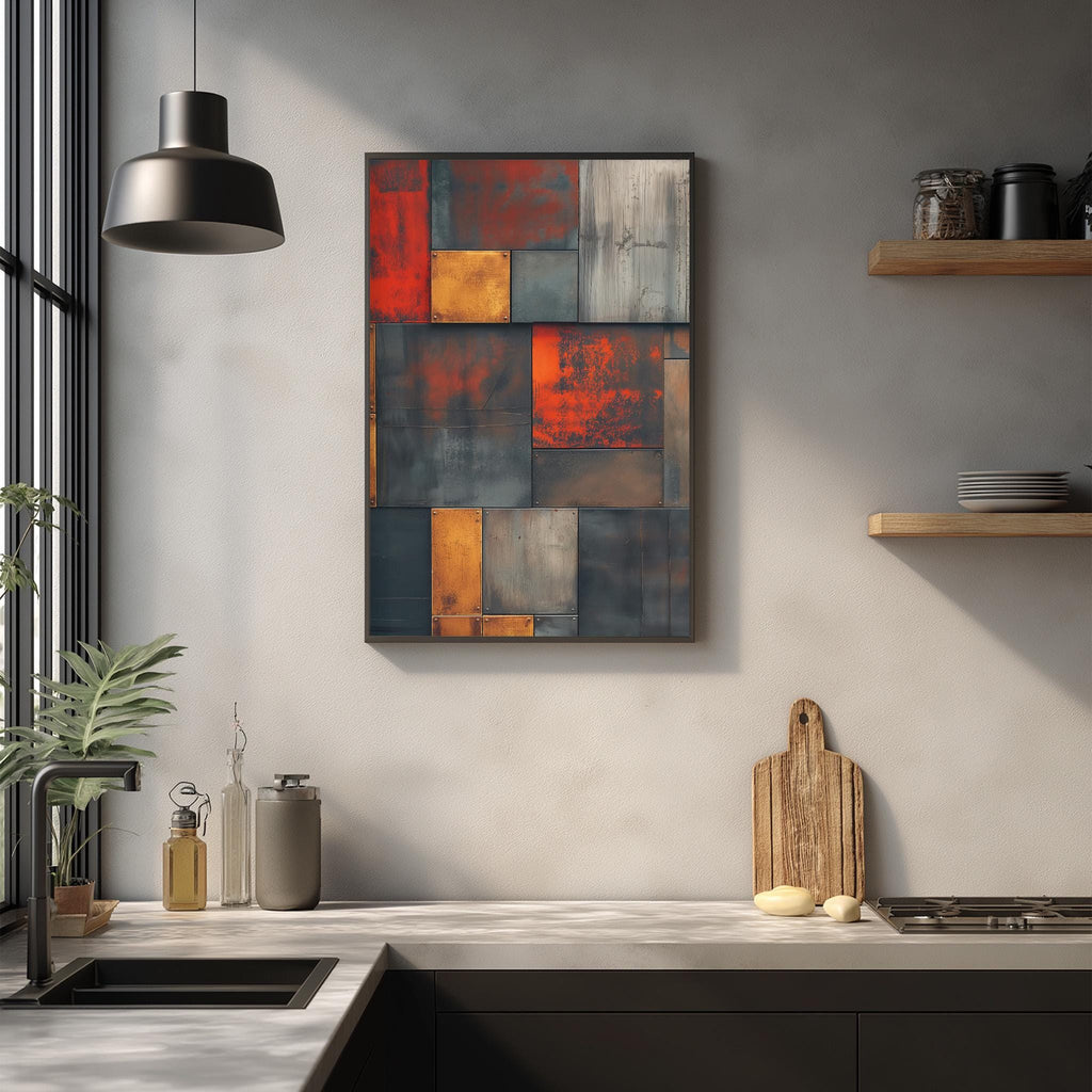 a modern kitchen with a large abstract painting hanging on the wall above a wooden cutting board and other kitchen items.