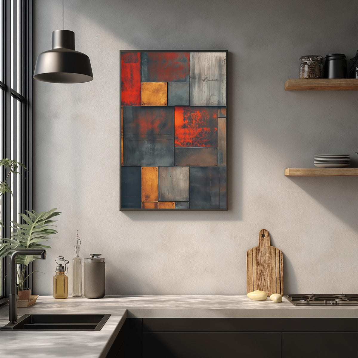 a modern kitchen with a large abstract painting hanging on the wall above a wooden cutting board and other kitchen items.
