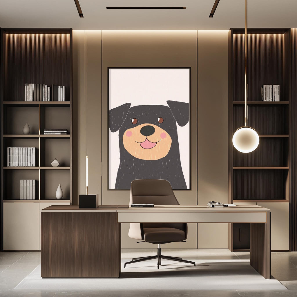 a modern office space with a large framed picture of a dog on the wall, a wooden desk with a chair, and built-in bookshelves.