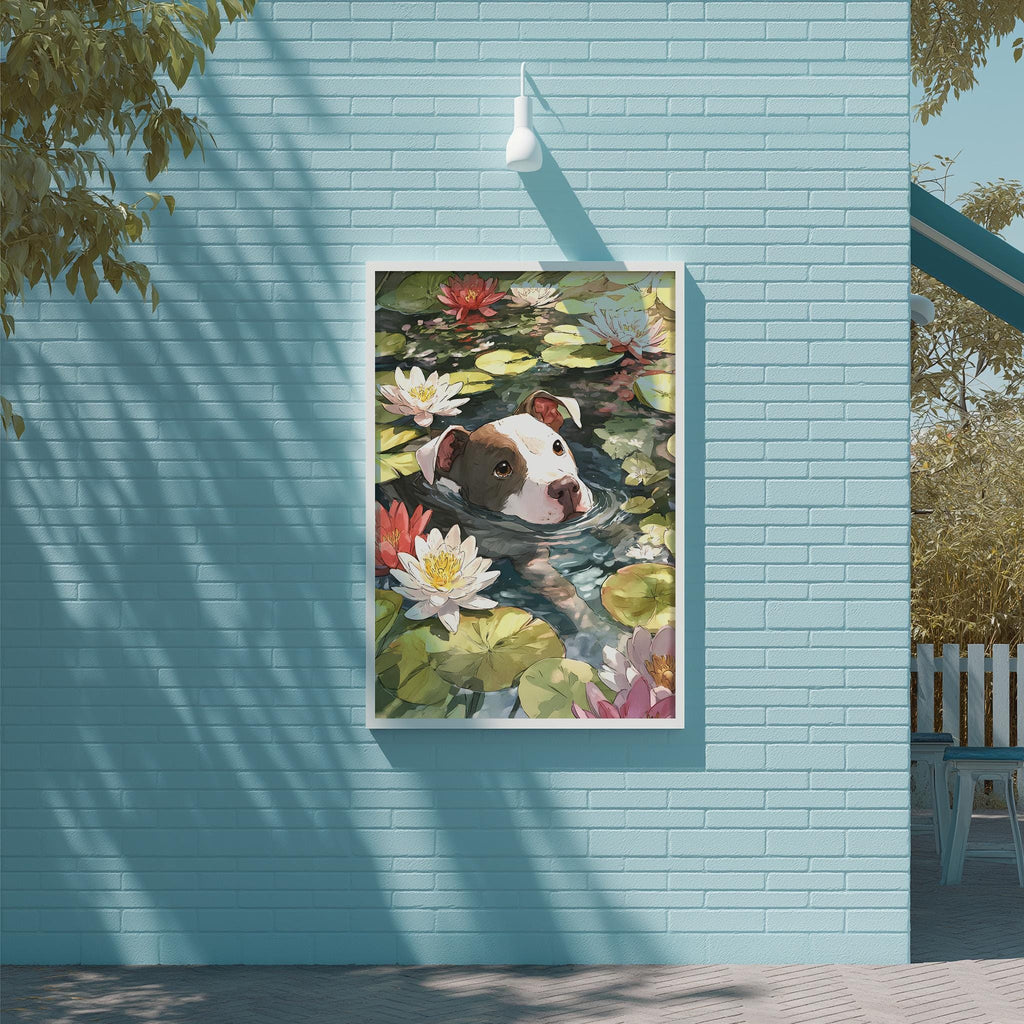 A framed painting of a dog swimming in a pond filled with lily pads is displayed on a blue wall.