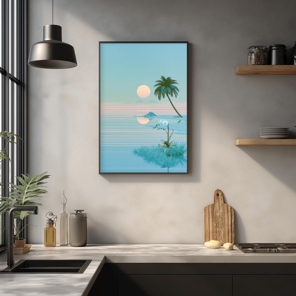 a serene tropical beach scene with a palm tree, a sunset, and a calm ocean.