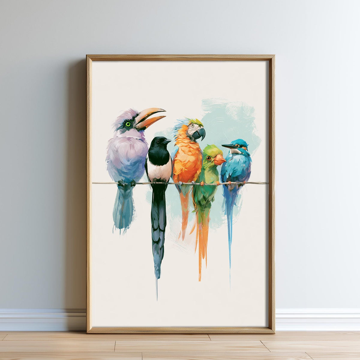 A framed painting depicting a group of colorful tropical birds perched on a branch.