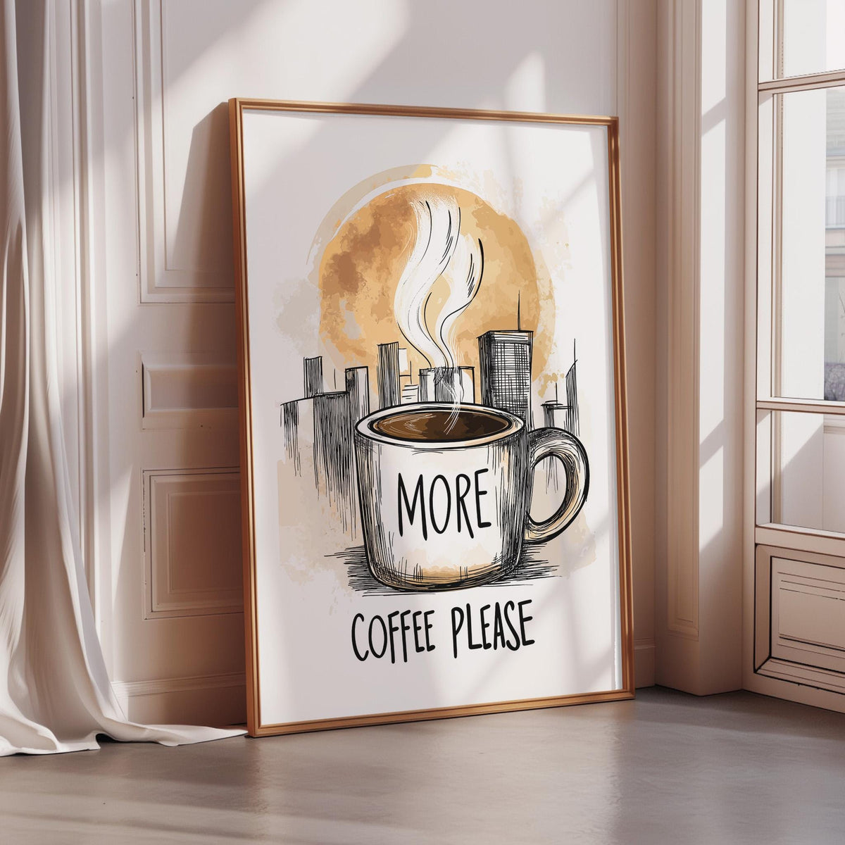 a framed poster with a coffee mug and a cityscape in the background. The poster has the text "MORE COFFEE PLEASE" written on it.
