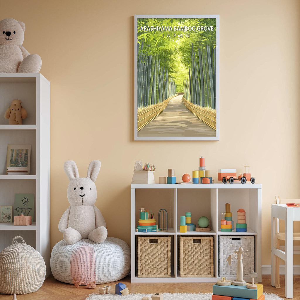 A child's bedroom with a white bookshelf, a stuffed rabbit, and a toy train set. The walls are painted a light peach color, and there is a framed picture of a bamboo forest hanging on the wall.