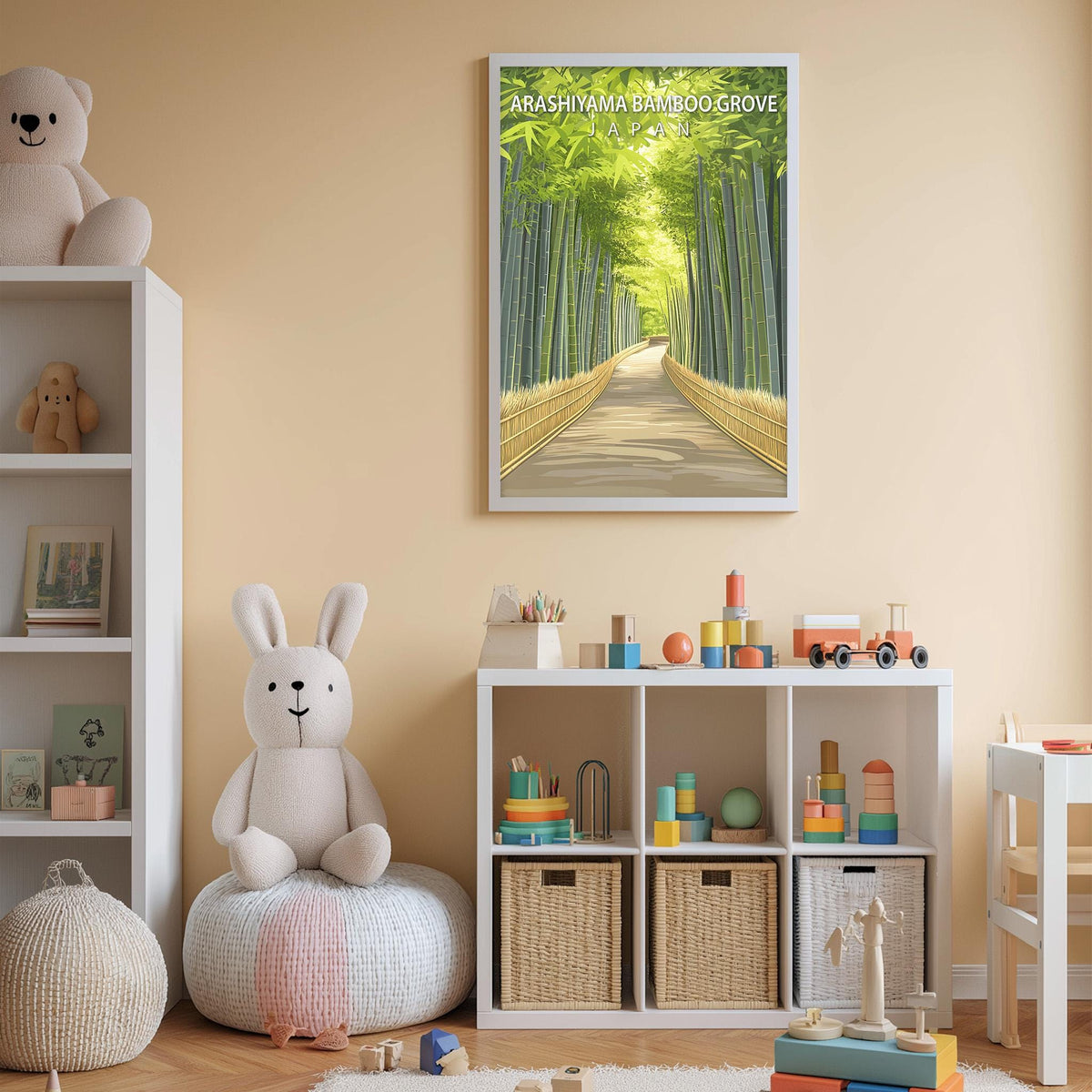 A child's bedroom with a white bookshelf, a stuffed rabbit, and a toy train set. The walls are painted a light peach color, and there is a framed picture of a bamboo forest hanging on the wall.