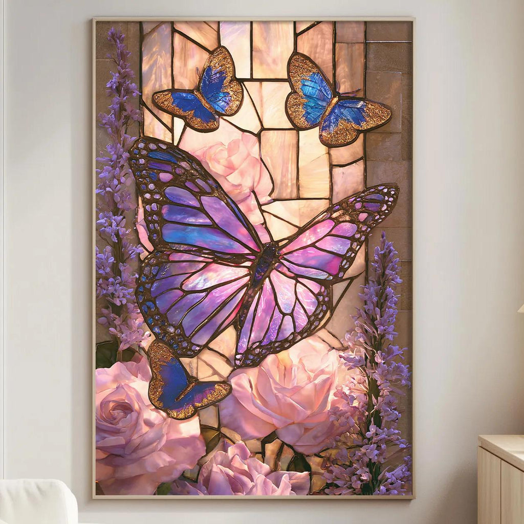 a large framed painting of a butterfly surrounded by flowers, including pink roses, in a living room setting.