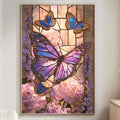 a large framed painting of a butterfly surrounded by flowers, including pink roses, in a living room setting.