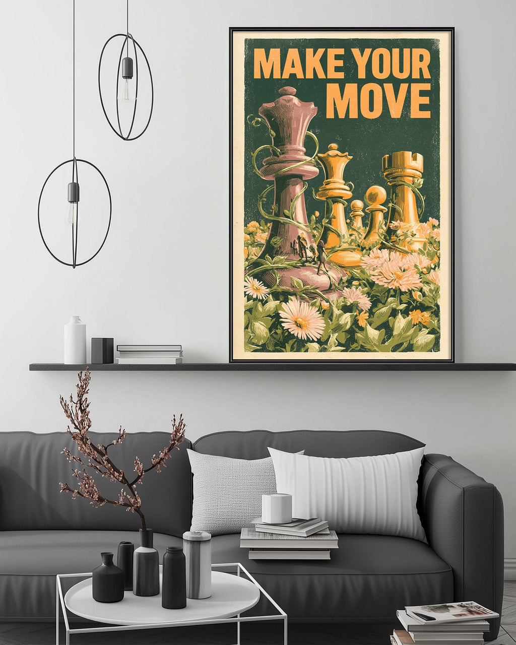 a framed poster with a chessboard and pieces, hanging on a wall above a gray couch in a living room setting.