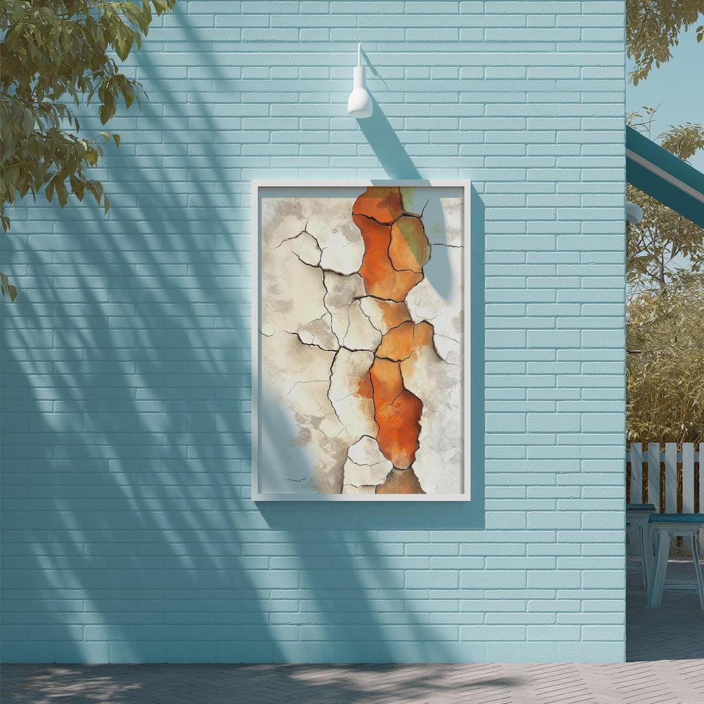 a blue brick wall with a framed painting of a cracked and weathered wall in the center.