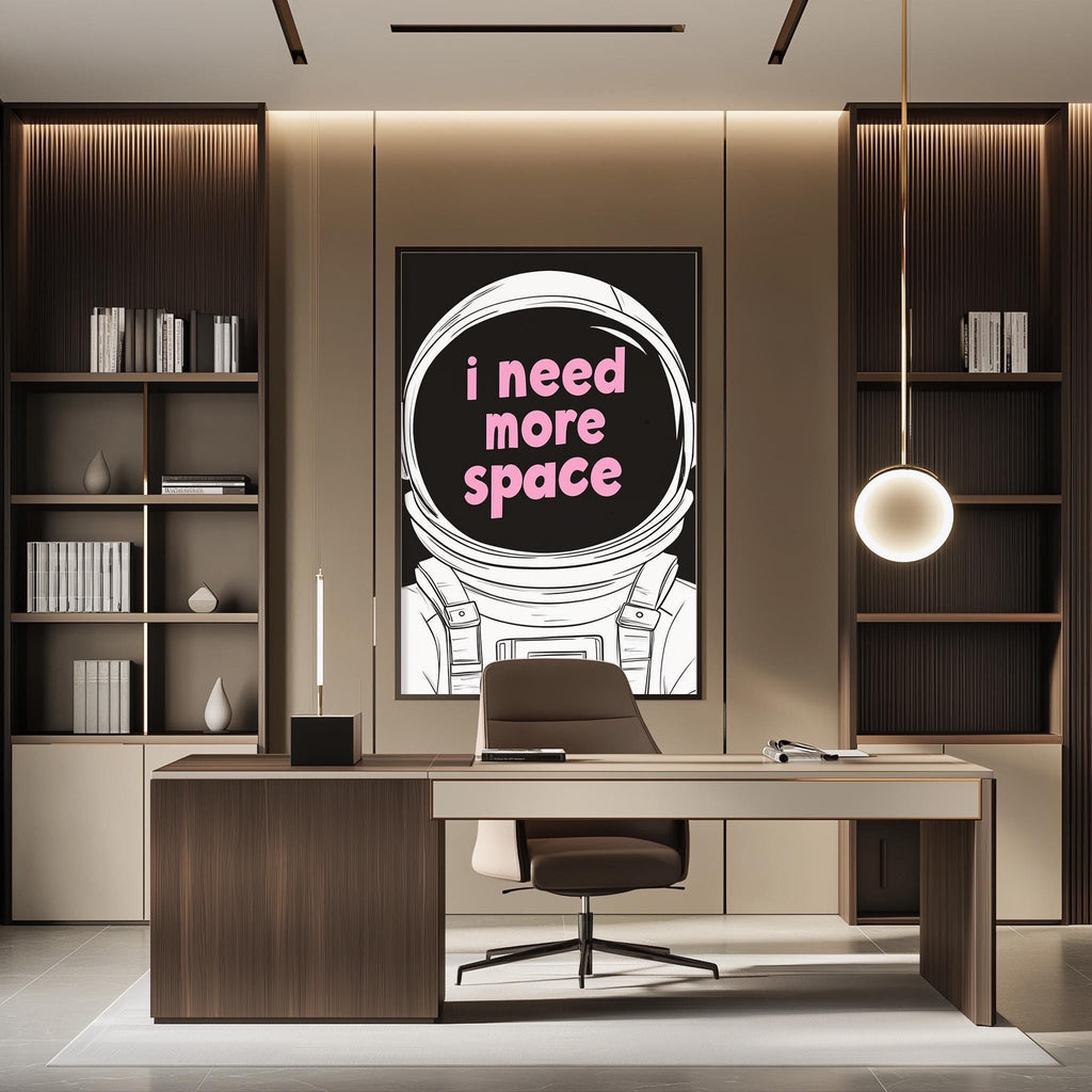 a modern office space with a desk, chair, and a large poster of an astronaut on the wall.