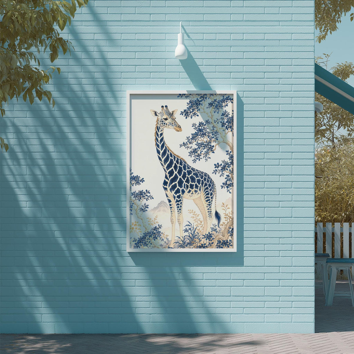 a blue brick wall with a framed painting of a giraffe hanging on it.
