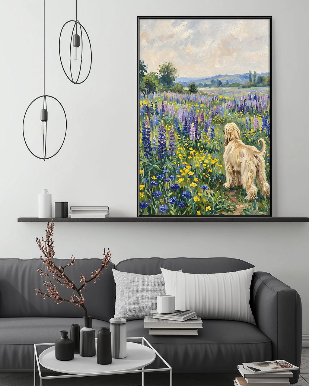 a large painting of a golden retriever dog standing in a field of colorful flowers, with a serene landscape in the background.
