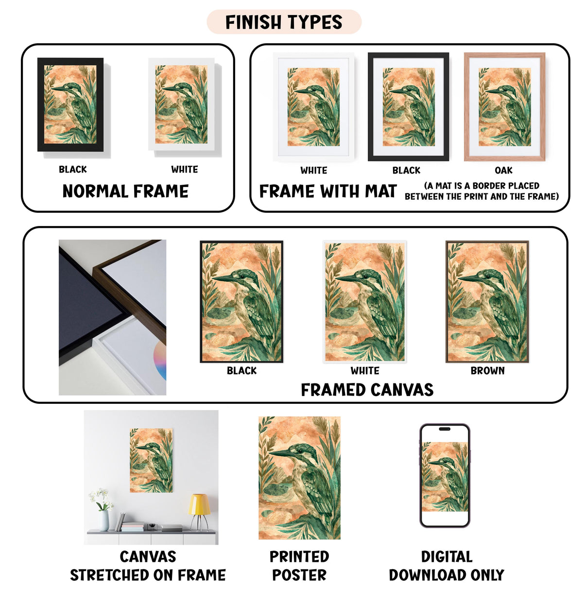 various finish types for artwork, including canvas, printed poster, and digital download, each with different frame colors and mat placements.