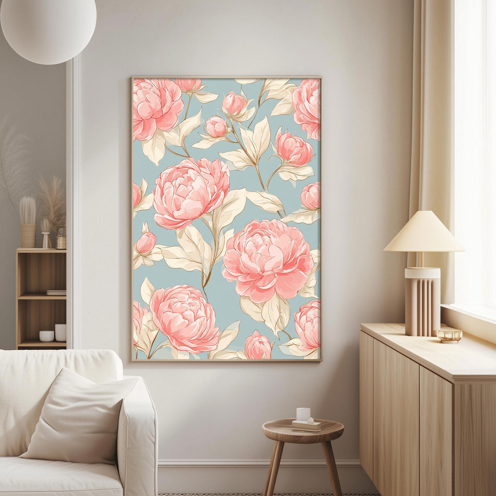 a living room with a large floral print hanging on the wall, depicting pink peonies and leaves in a light blue background. The room also includes a white sofa, a wooden side table, and a lamp on a wooden cabinet.