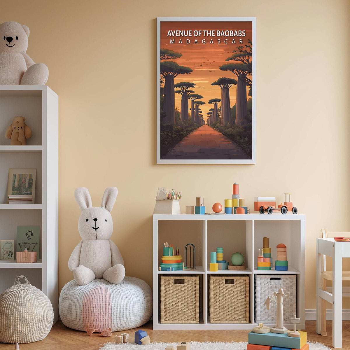 a child's bedroom with a large poster of a tropical jungle scene on the wall, a white bookshelf filled with toys, and a white bean bag chair.