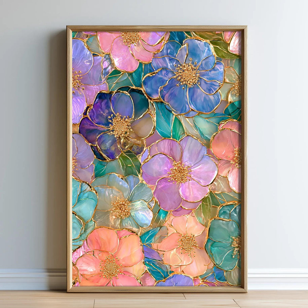 a vibrant and colorful floral arrangement, with a variety of flowers in shades of pink, blue, green, and purple. The flowers are arranged in a visually appealing manner, creating a sense of depth and dimension. The image is framed and displayed on a wall, adding a decorative touch to the space.