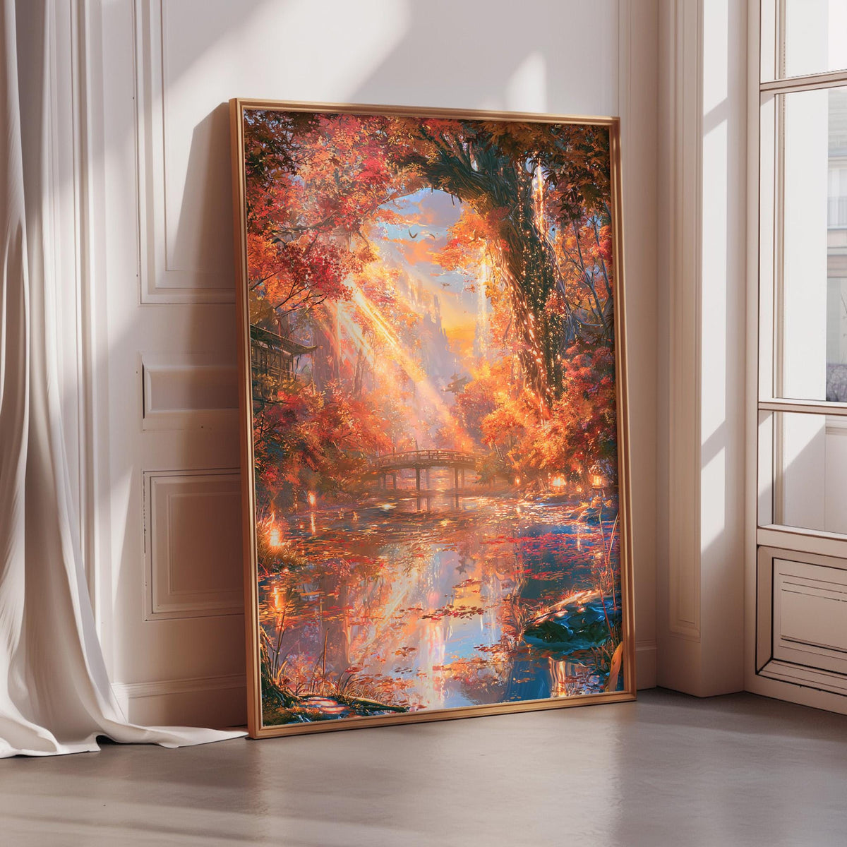 a large, framed painting depicting a serene landscape with a pond, trees, and a bridge. The painting has a warm, colorful palette with shades of orange, red, and yellow, creating a peaceful and picturesque scene.