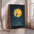 The image is a framed painting depicting a person standing on a ladder, looking up at a large, bright yellow moon in the night sky.