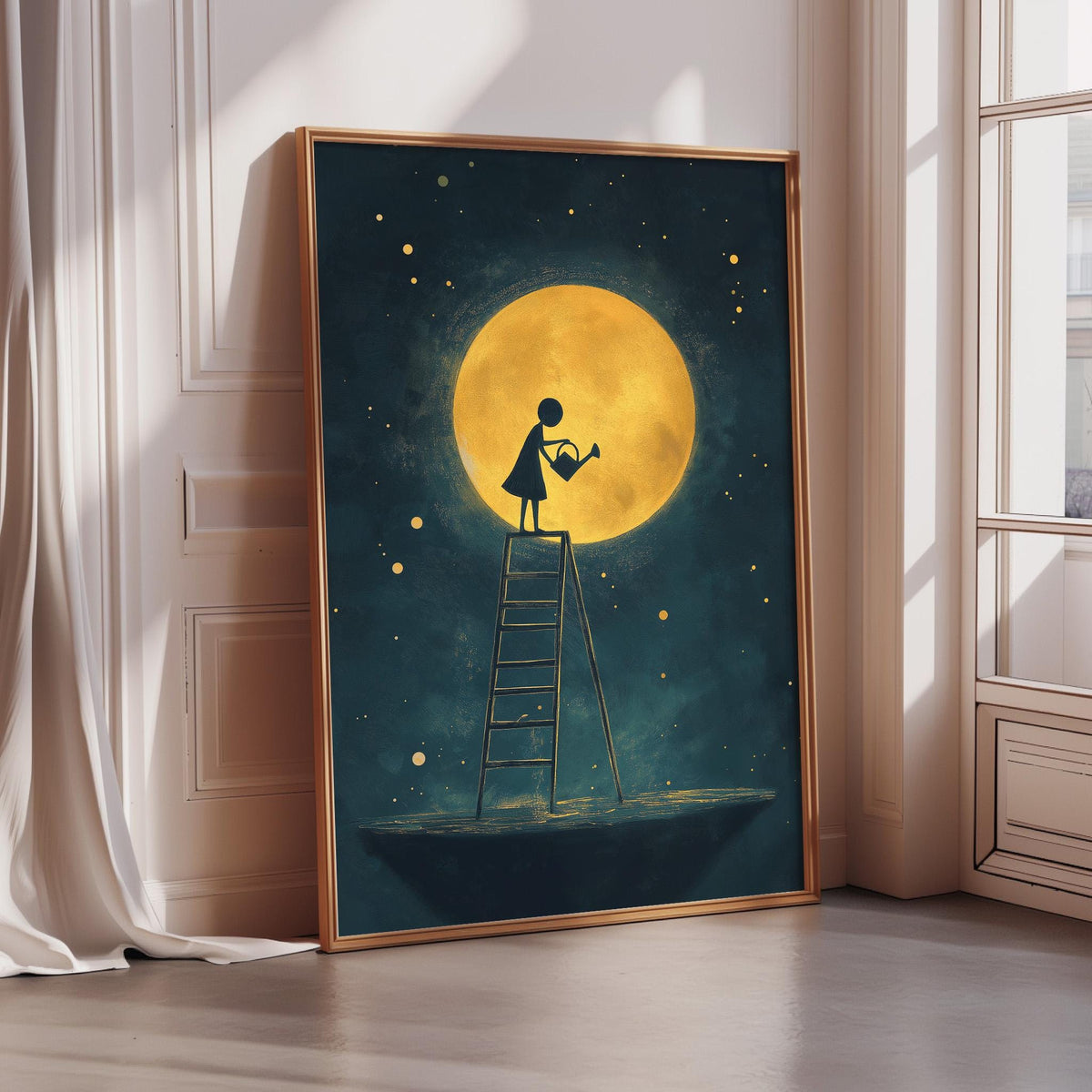 The image is a framed painting depicting a person standing on a ladder, looking up at a large, bright yellow moon in the night sky.