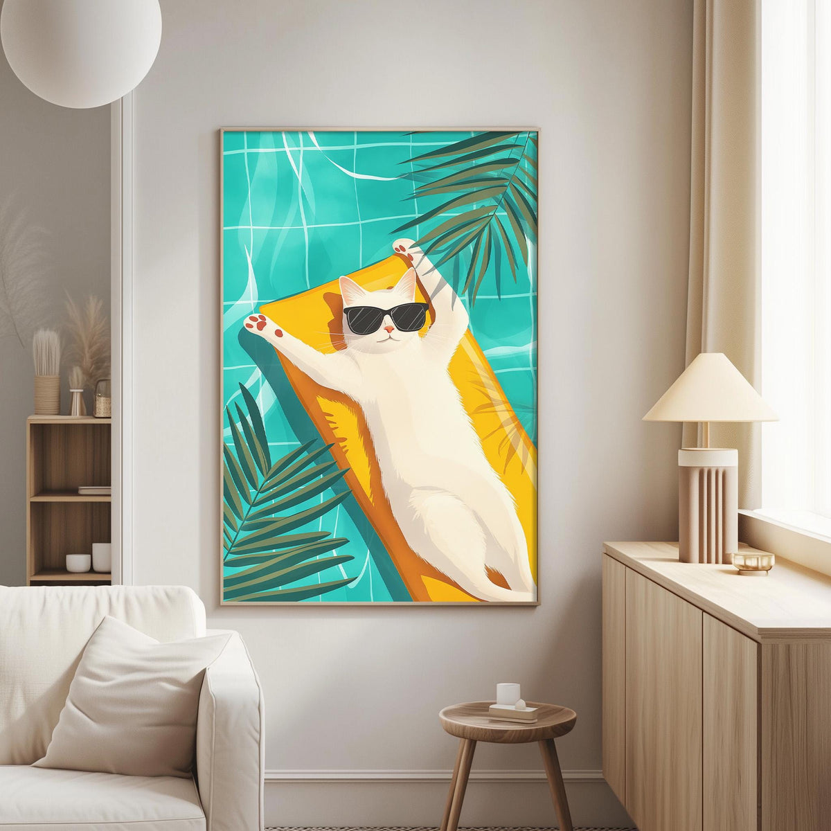 A white cat lounging on a yellow float in a swimming pool, wearing sunglasses and surrounded by tropical plants.