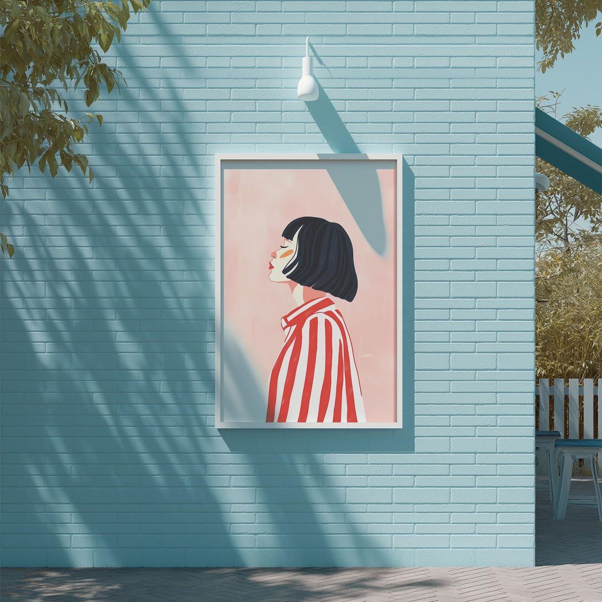 a framed illustration of a woman with short hair wearing a red and white striped shirt, displayed on a light blue brick wall.