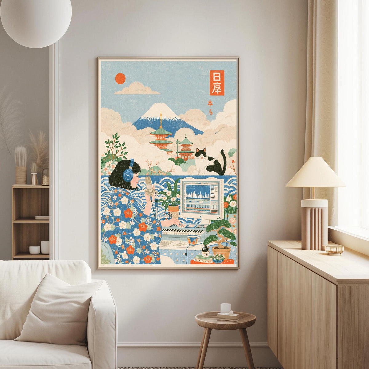 a vibrant and colorful illustration of a woman in traditional Japanese attire, surrounded by various elements such as mountains, buildings, and a cat, all set against a serene blue sky with a sun and clouds.
