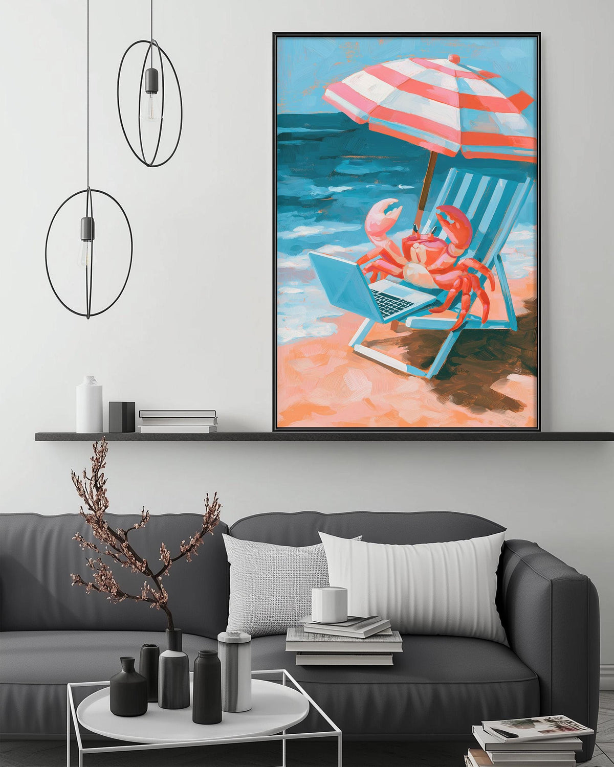 a large painting of a crab sitting in a beach chair under an umbrella, with a serene ocean scene in the background. The painting is displayed on a wall above a gray couch, which has a coffee table in front of it. The room also includes a shelf with decorative items and a potted plant.