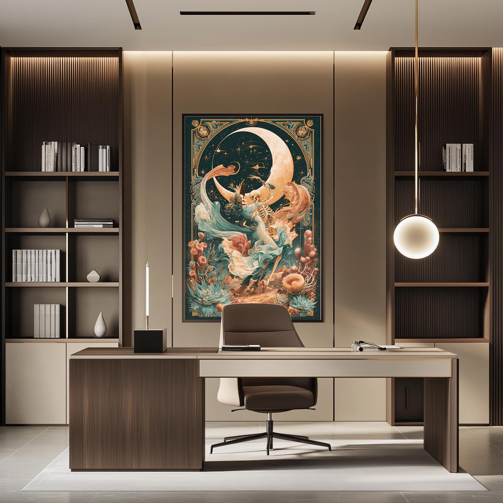a modern and stylish office space with a large, colorful painting of a woman on the wall behind a desk. The desk has a chair and a lamp, creating a comfortable workspace.