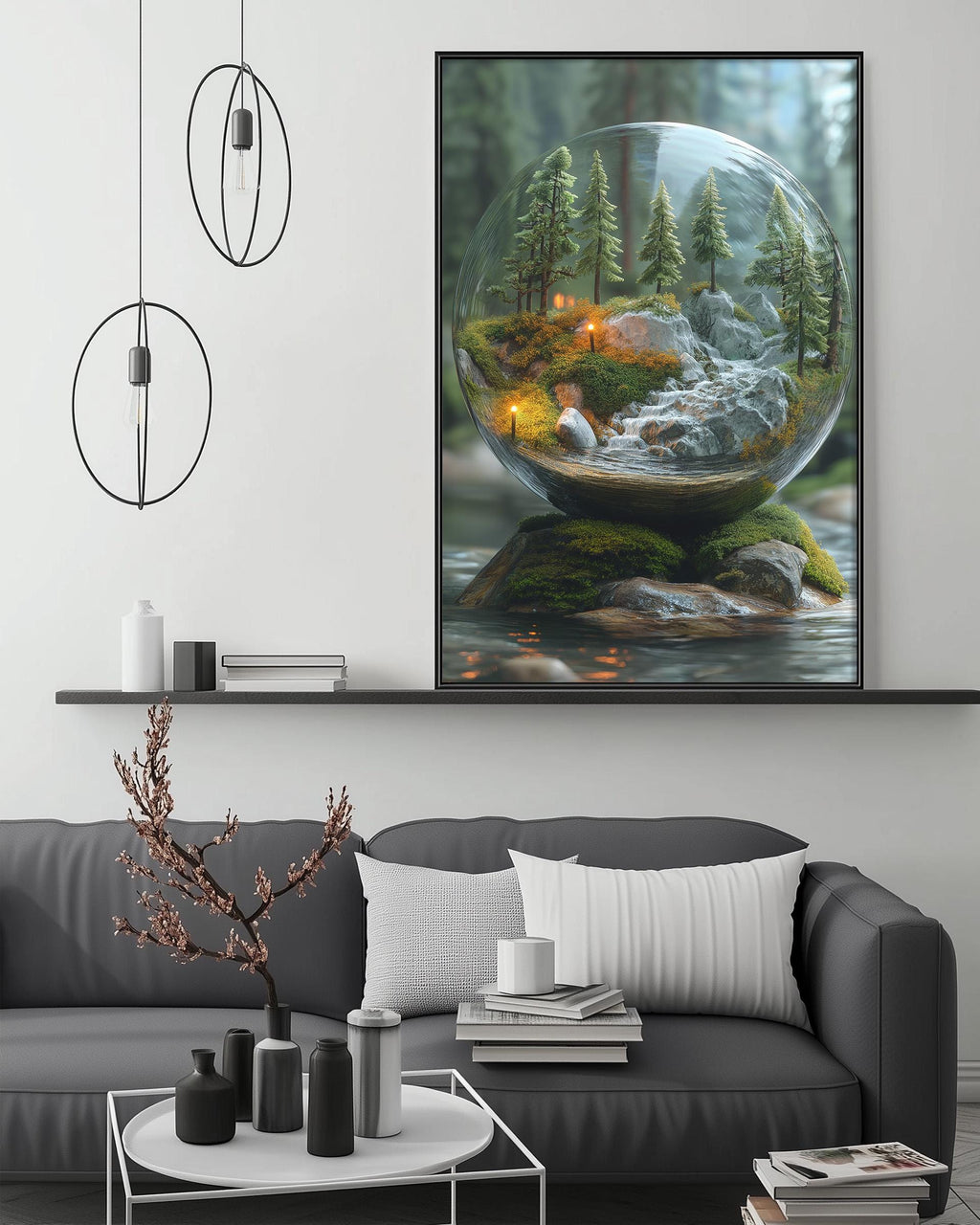 a large, circular glass sculpture containing a miniature forest scene, with a waterfall and trees within the glass. The sculpture is displayed on a wall above a gray couch, which has a coffee table in front of it. The room has a minimalist and modern design, with pendant lights hanging above the couch and a bookshelf below.