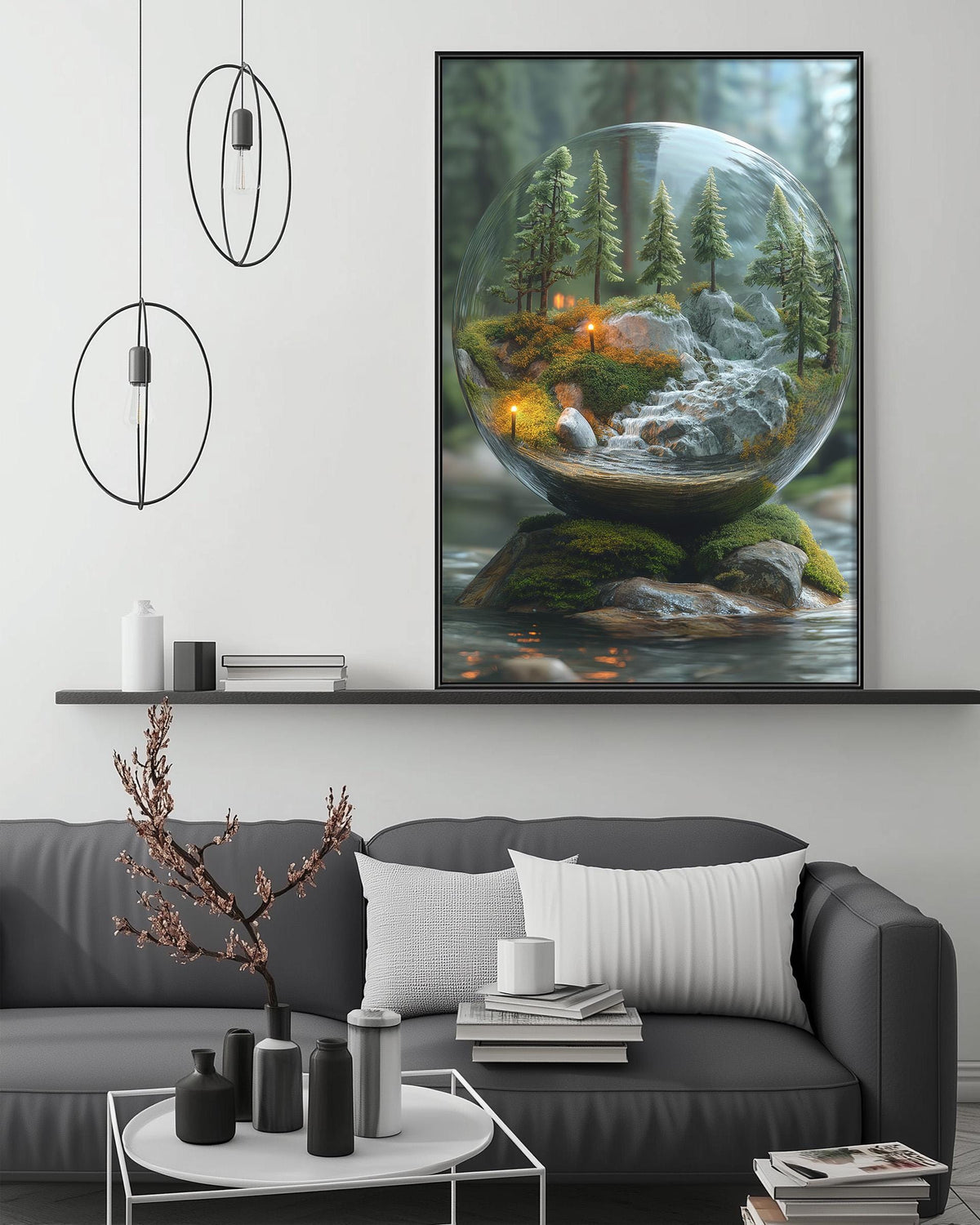 a large, circular glass sculpture containing a miniature forest scene, with a waterfall and trees within the glass. The sculpture is displayed on a wall above a gray couch, which has a coffee table in front of it. The room has a minimalist and modern design, with pendant lights hanging above the couch and a bookshelf below.