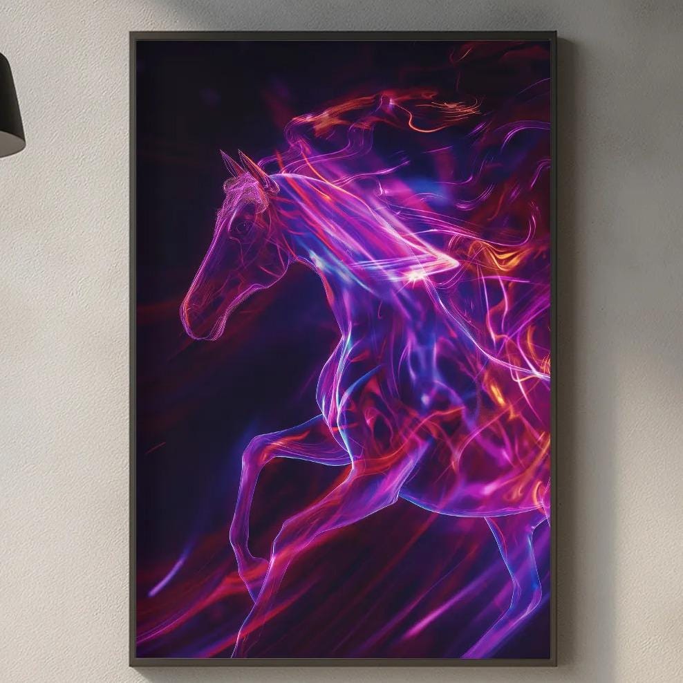 a modern kitchen with a large, vibrant painting of a horse in the center. The painting has a mix of purple and pink hues, creating a striking visual effect. The kitchen counter is adorned with various items, including a wooden cutting board, a bottle, and a vase. The overall scene conveys a sense of elegance and sophistication.