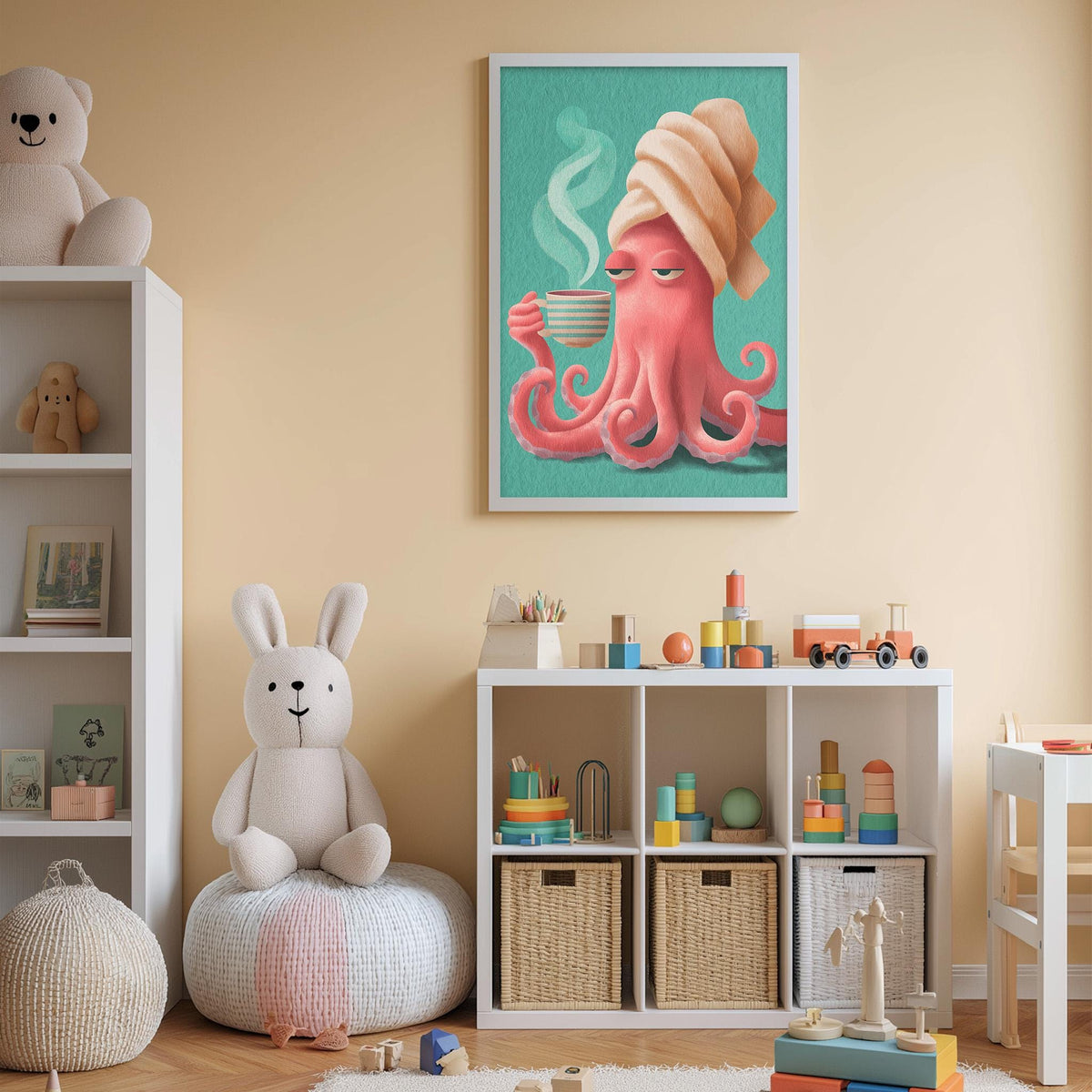 A cozy children's room with a large stuffed rabbit, a colorful painting of an octopus, and a bookshelf filled with toys and books.