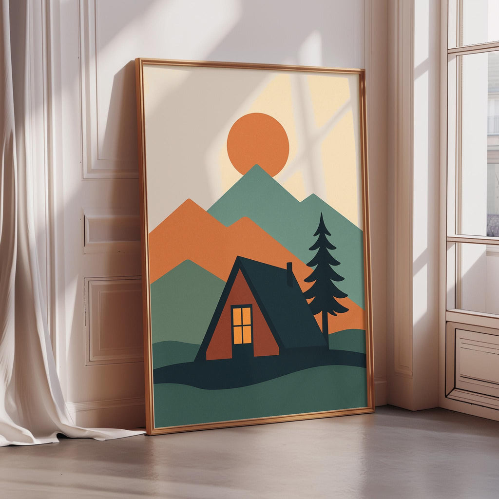 a framed poster depicting a cabin in a mountainous landscape with a sun in the sky.