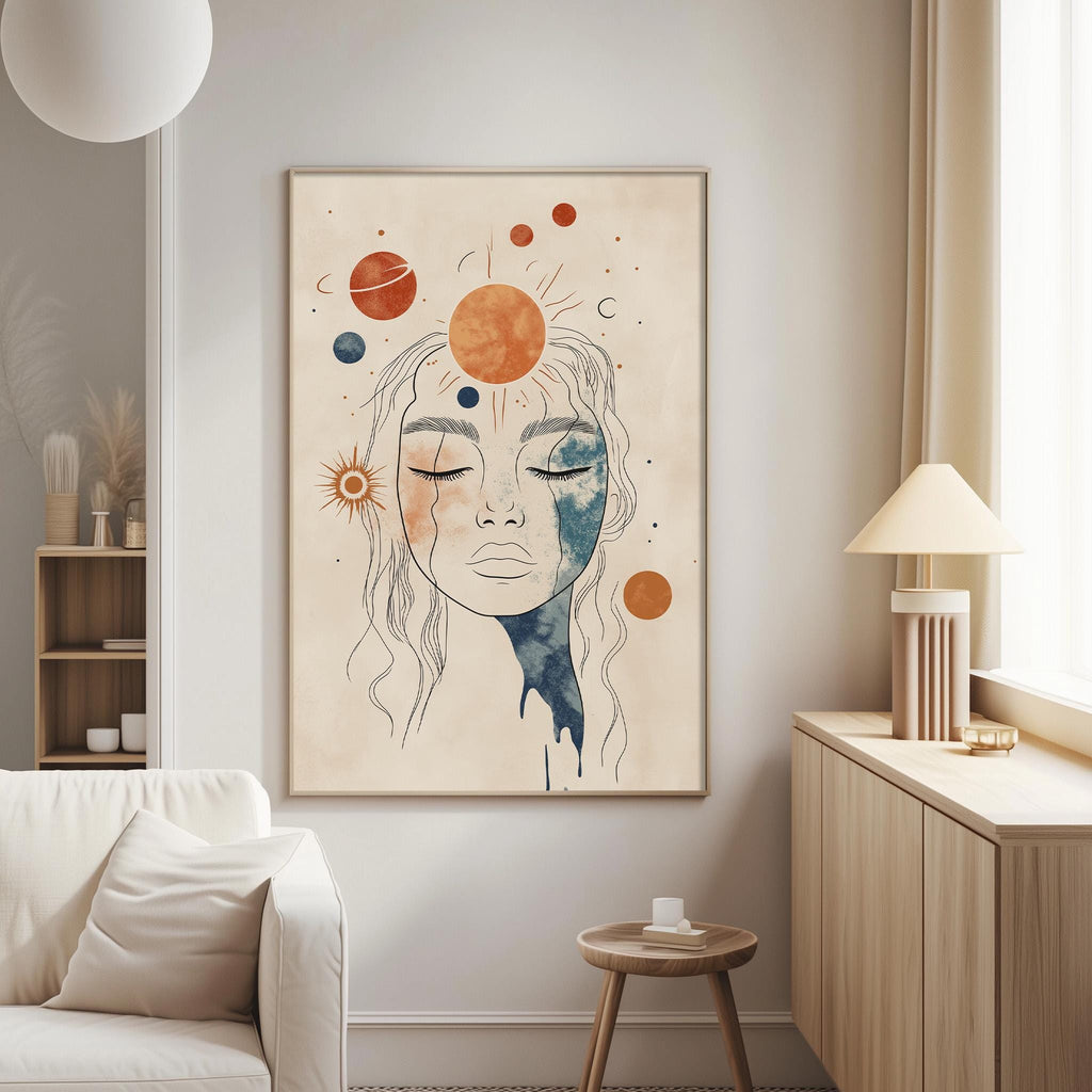 a living room with a large abstract painting of a woman's face hanging on the wall. The painting is surrounded by various celestial elements, including planets and stars, creating a cosmic atmosphere. The room also includes a white couch, a wooden side table, and a lamp, contributing to a cozy and stylish living space.