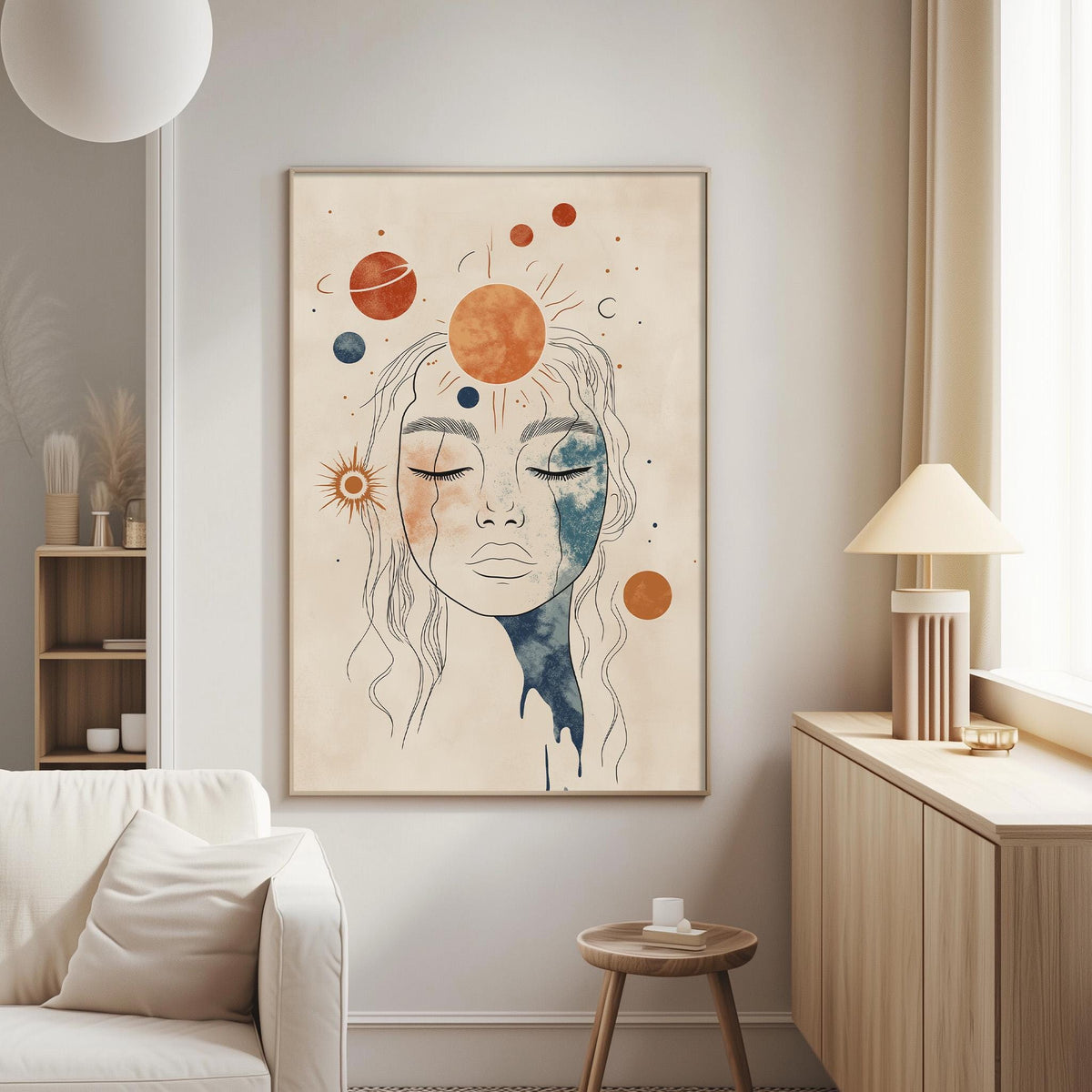 a living room with a large abstract painting of a woman's face hanging on the wall. The painting is surrounded by various celestial elements, including planets and stars, creating a cosmic atmosphere. The room also includes a white couch, a wooden side table, and a lamp, contributing to a cozy and stylish living space.