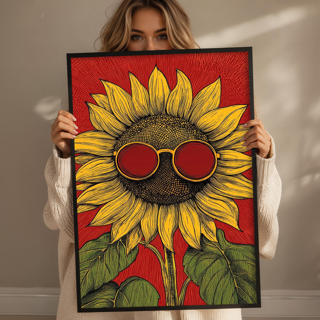 A woman is holding up a framed poster featuring a large sunflower with red sunglasses on it.