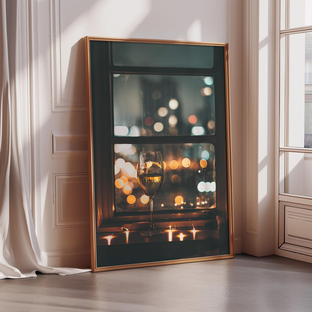 a large framed picture of a glass of wine with a blurred cityscape visible through the window behind it.