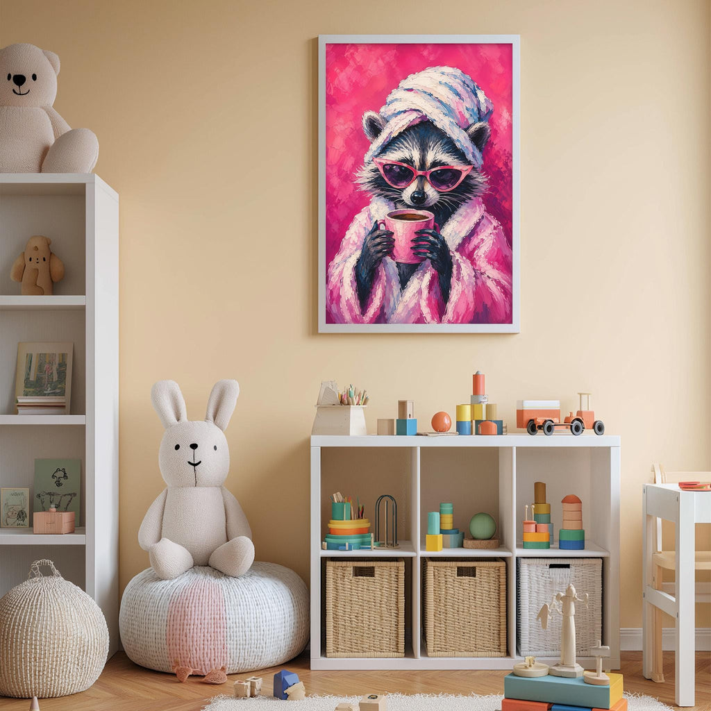 a cozy and playful children's room, featuring a large framed painting of a raccoon wearing a pink robe and sunglasses, holding a cup, and surrounded by various toys and stuffed animals.