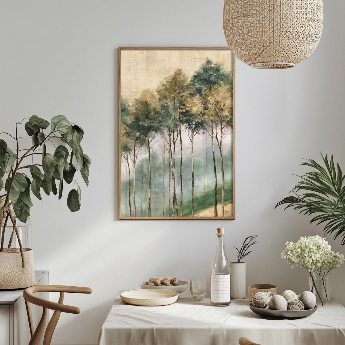 a dining table set with a white tablecloth, a bowl of fruit, a bottle, and a vase with flowers. Above the table, there is a framed painting of trees on the wall.