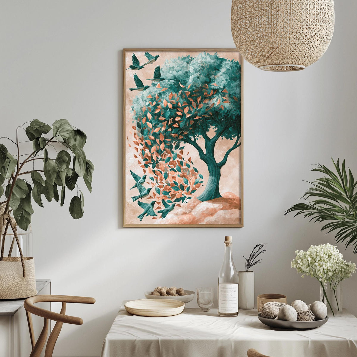 a dining table with a white tablecloth, a bowl of fruit, a bottle, and a vase with flowers. Above the table, there is a framed painting of a tree with birds. The table is set with a plate, a wine glass, and a small bowl. The room has a minimalist and modern design, with a woven light fixture hanging above the table.