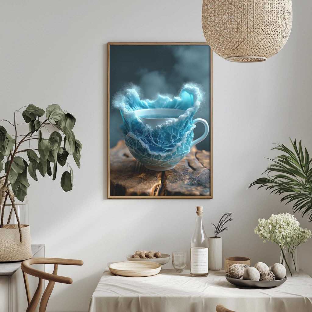 a framed photograph of a blue teacup with a ruffled lid, placed on a wooden surface, surrounded by various decorative elements such as plants, vases, and bowls.