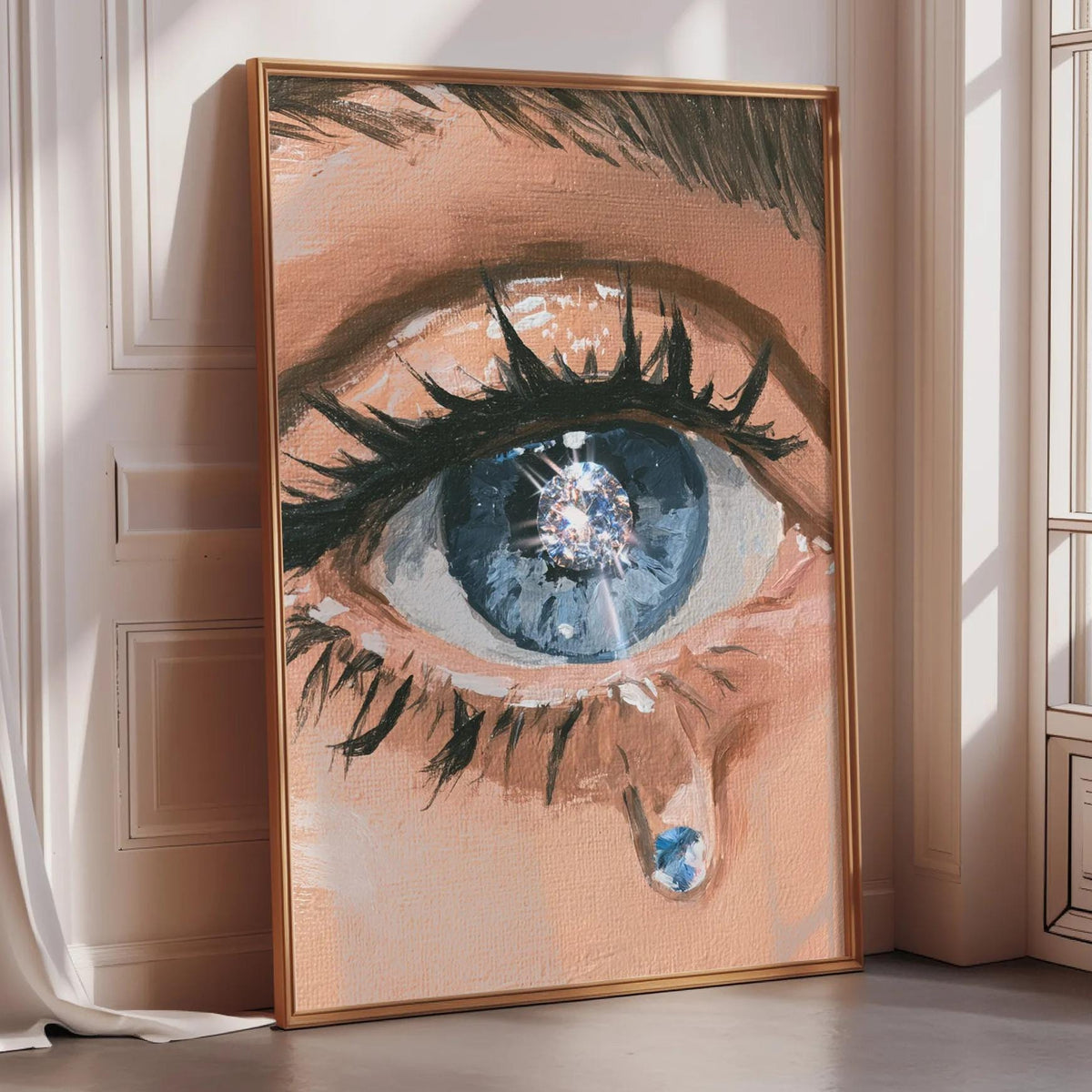a large, framed painting depicting a close-up of a human eye with a tear streaming down its surface.
