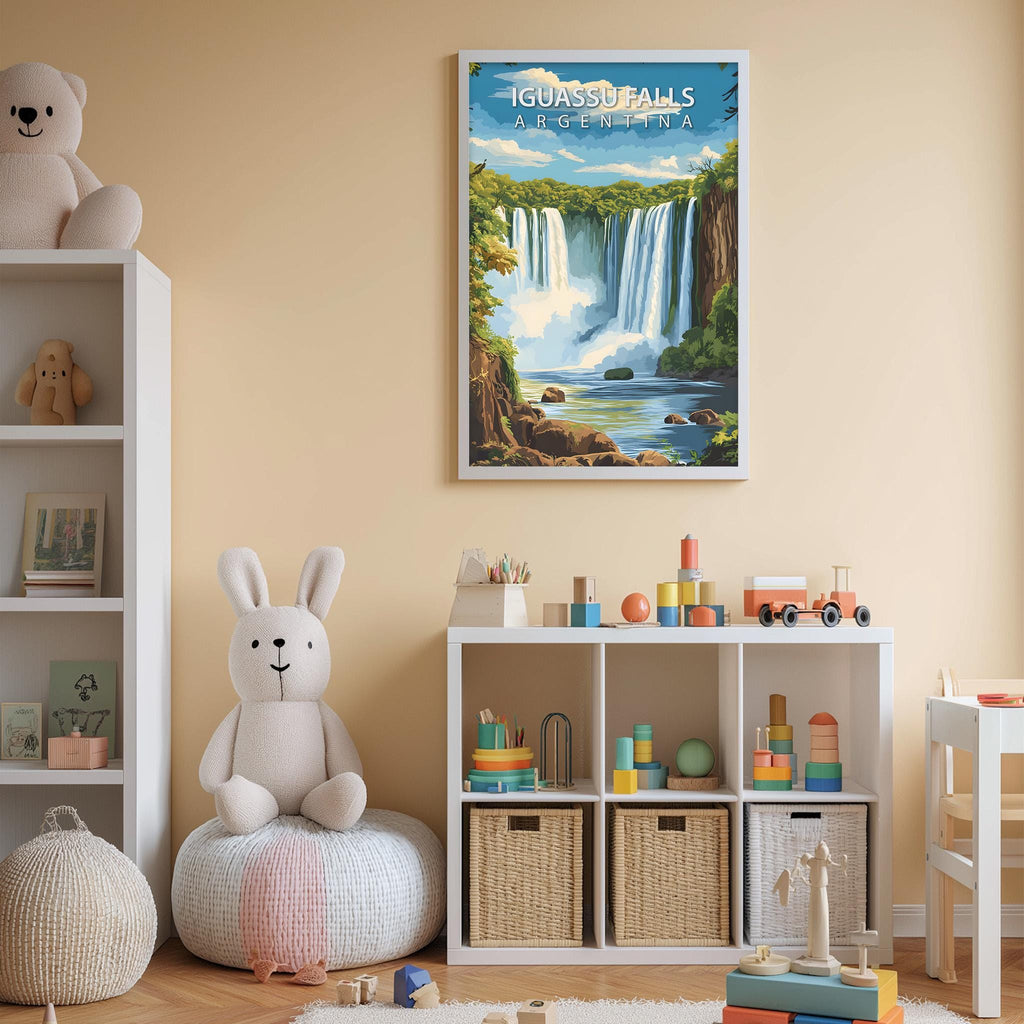 A child's bedroom with a white bookshelf, a stuffed rabbit, and a colorful toy set. A framed poster of Iguas Falls in Argentina is displayed on the wall above the bookshelf.