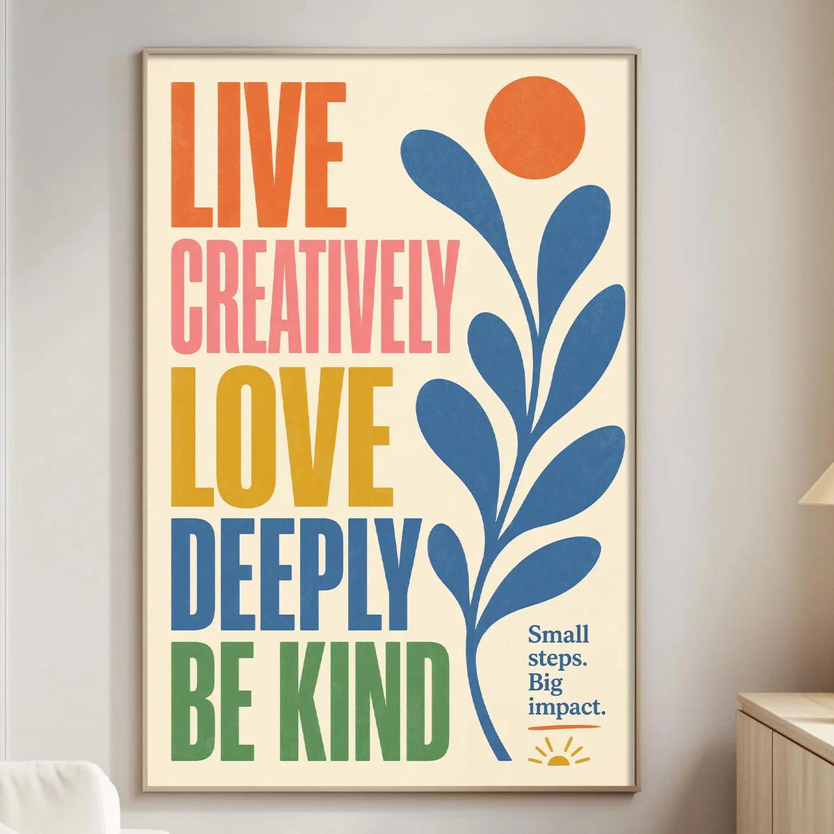 a poster with a colorful design and text, hanging on a wall in a living room.