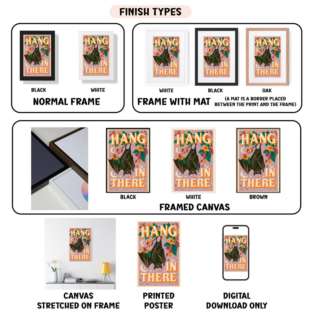 various types of artwork, including a framed poster, a canvas stretched on a frame, a framed canvas, and a digital download. The artwork is presented in different frames and sizes, with some images being black and white, white, black, and brown. The text "FINISH TYPES" is displayed above the artwork, and the text "HANG IN THERE" is visible in the artwork itself.