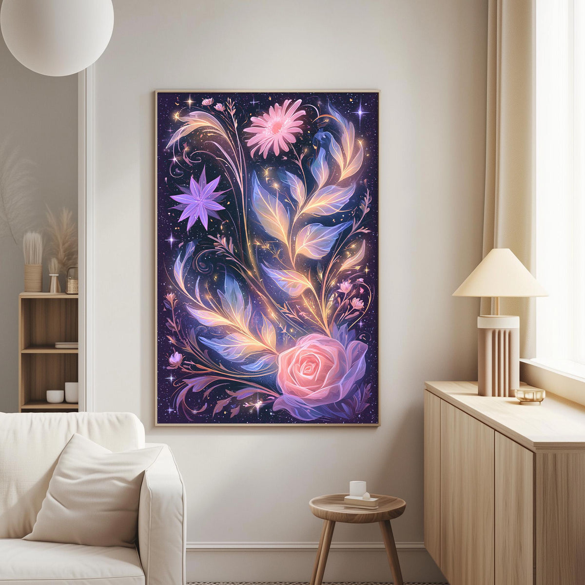 a large, colorful painting of flowers and plants hanging on a wall in a living room.